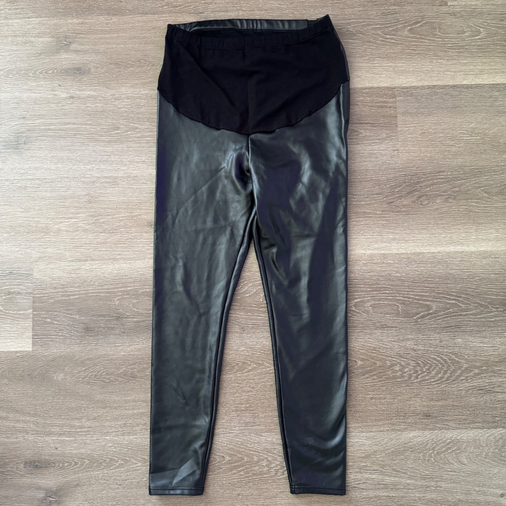 Unbranded Maternity Leggings Women Large Black Faux Leather Over Belly Stretch